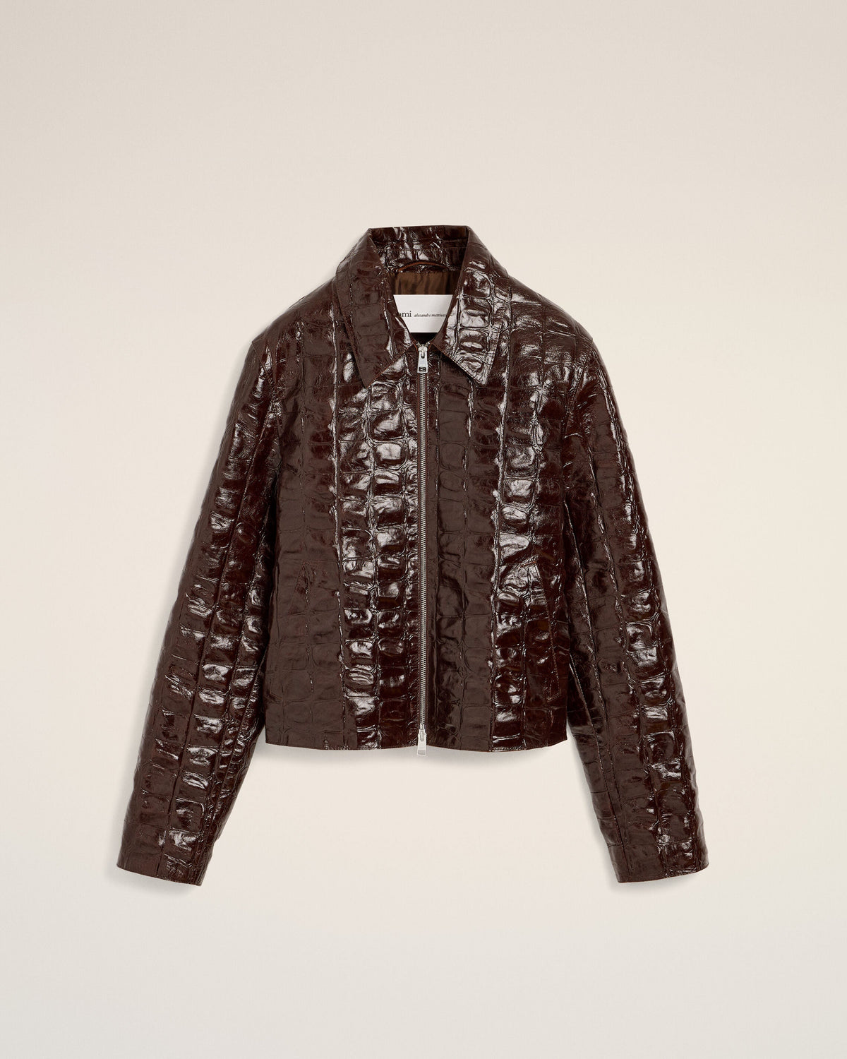 AMI PARIS BURGUNDY CROCODILE EMBOSSED COWHIDE LEATHER ZIPPED JACKET — vista 7