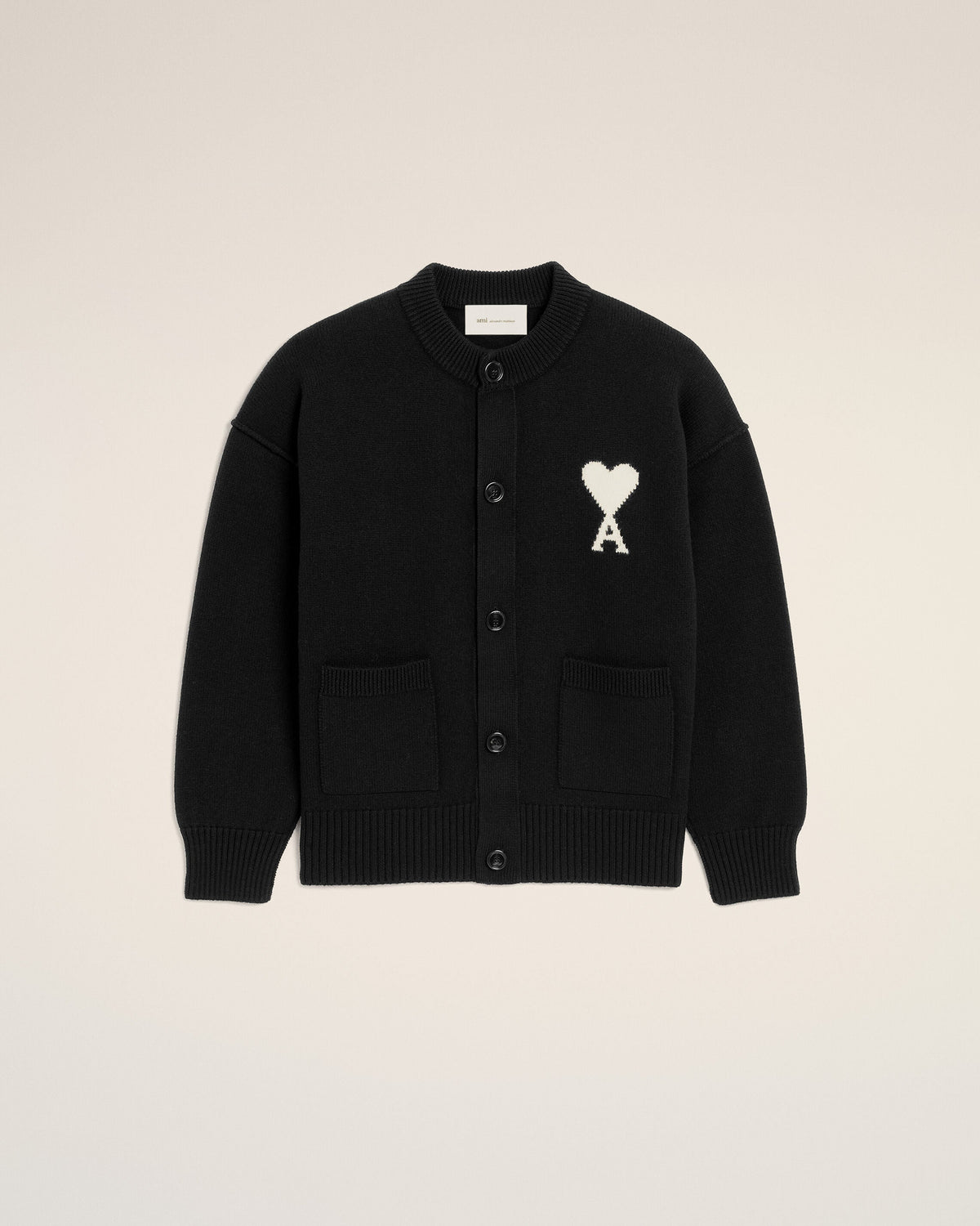AMI PARIS BLACK CREWNECK WOOL CARDIGAN WITH AMI DE COEUR — vista 7