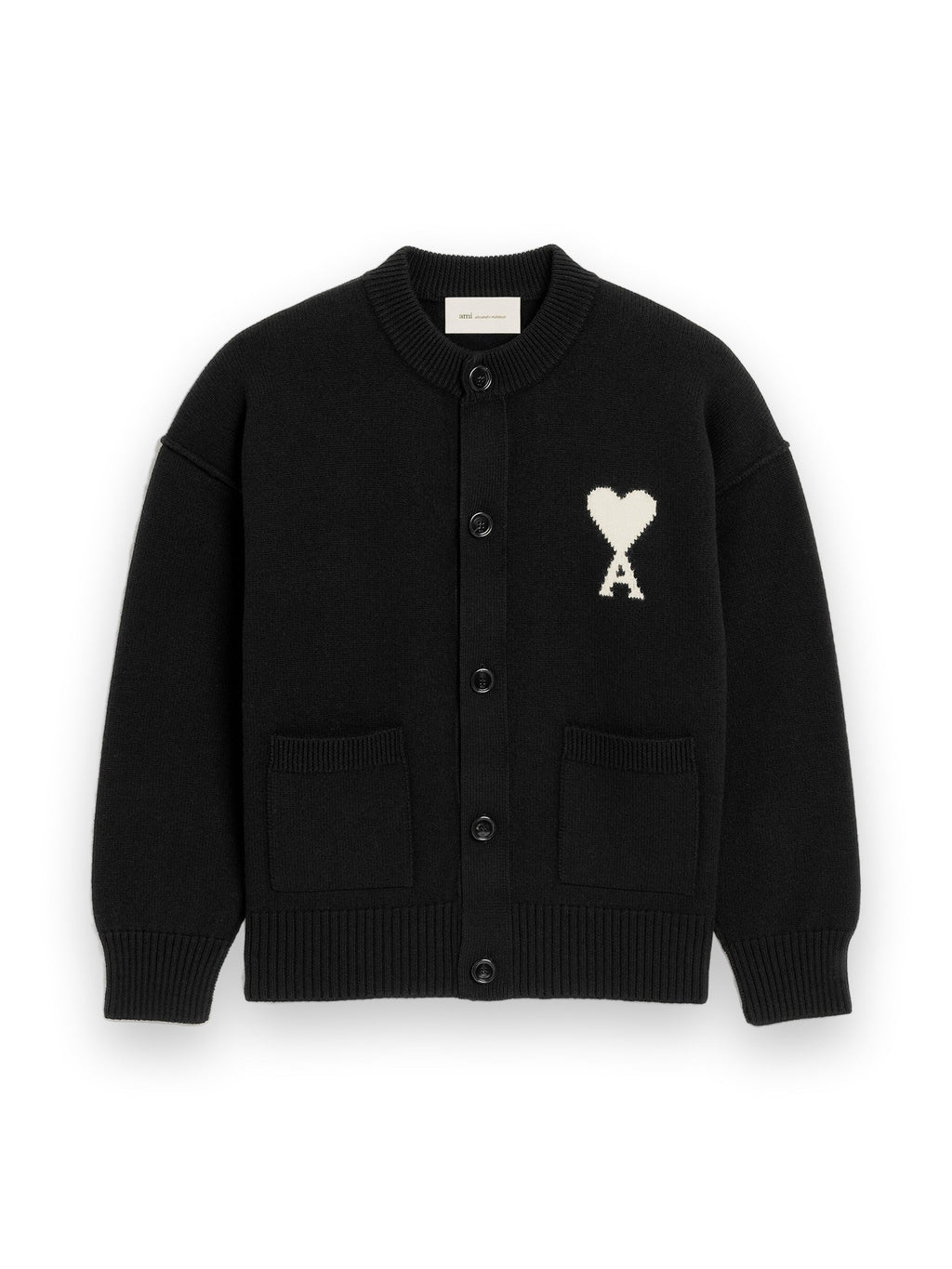 AMI PARIS BLACK CREWNECK WOOL CARDIGAN WITH AMI DE COEUR