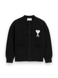AMI PARIS BLACK CREWNECK WOOL CARDIGAN WITH AMI DE COEUR