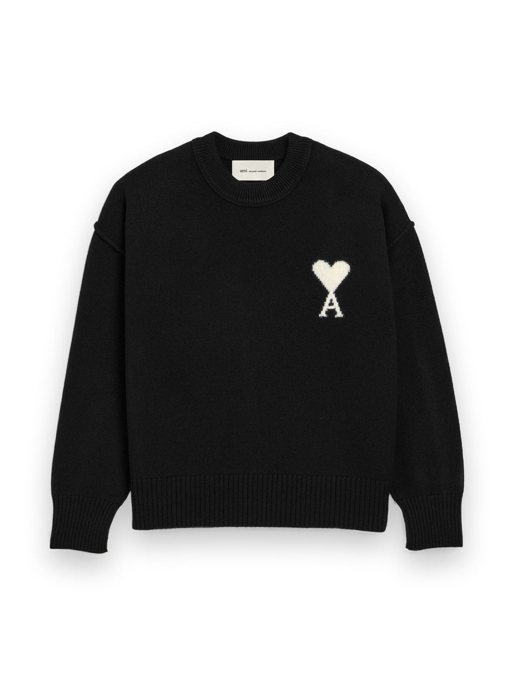AMI PARIS BLACK CREWNECK WOOL SWEATER WITH AMI DE COEUR