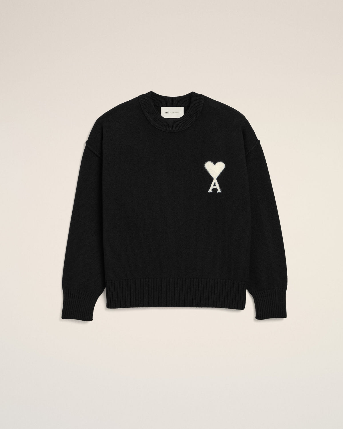 AMI PARIS BLACK CREWNECK WOOL SWEATER WITH AMI DE COEUR — vista 7