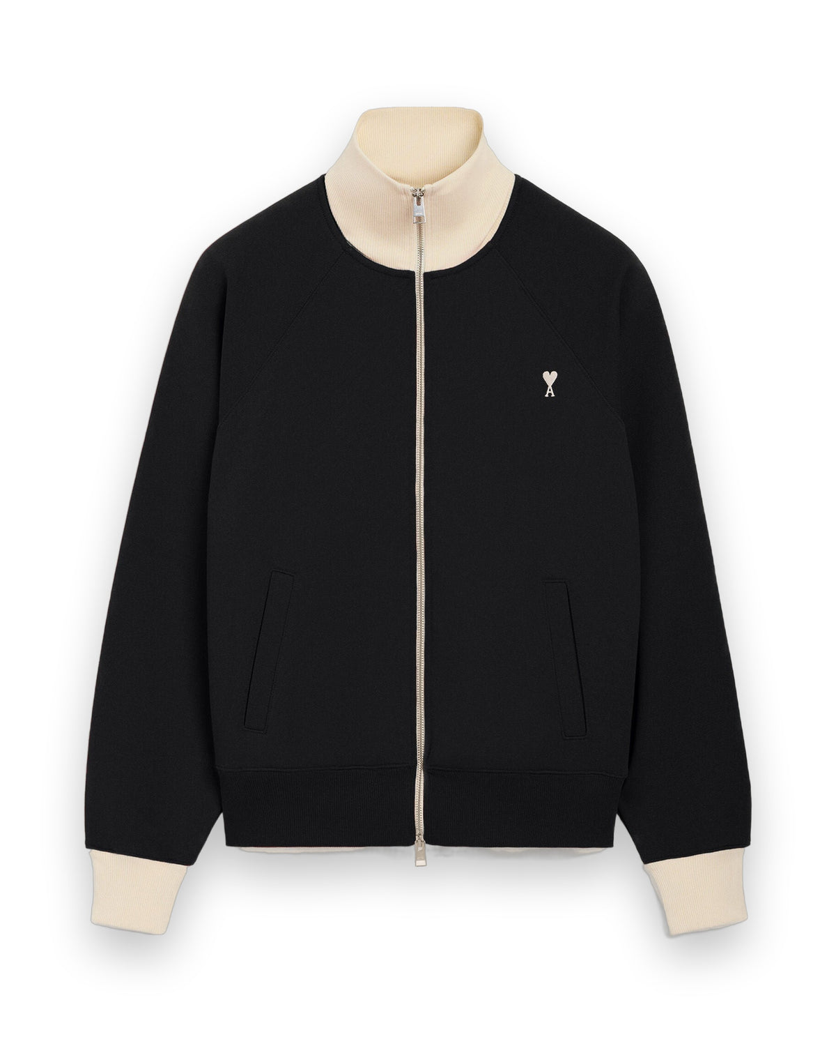 AMI PARIS BLACK ZIPPED COTTON SWEATSHIRT WITH AMI DE COEUR