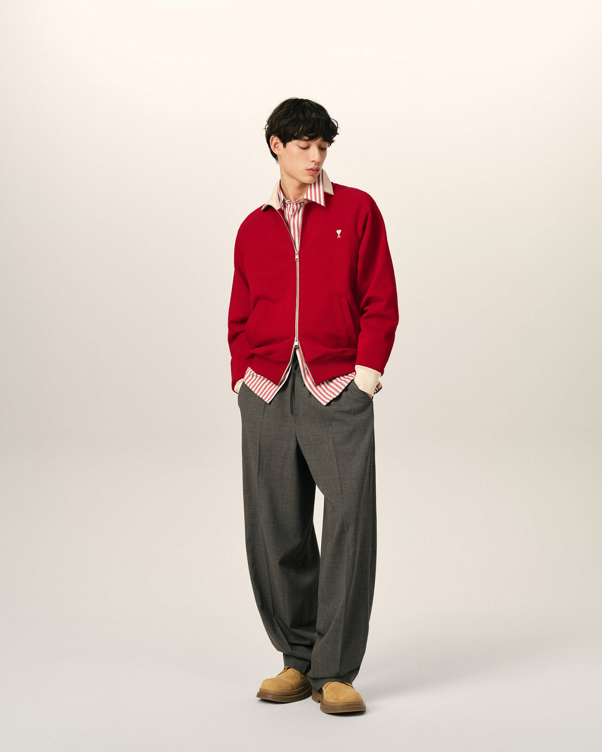 AMI PARIS RED ZIPPED COTTON SWEATSHIRT WITH AMI DE COEUR — vista 3