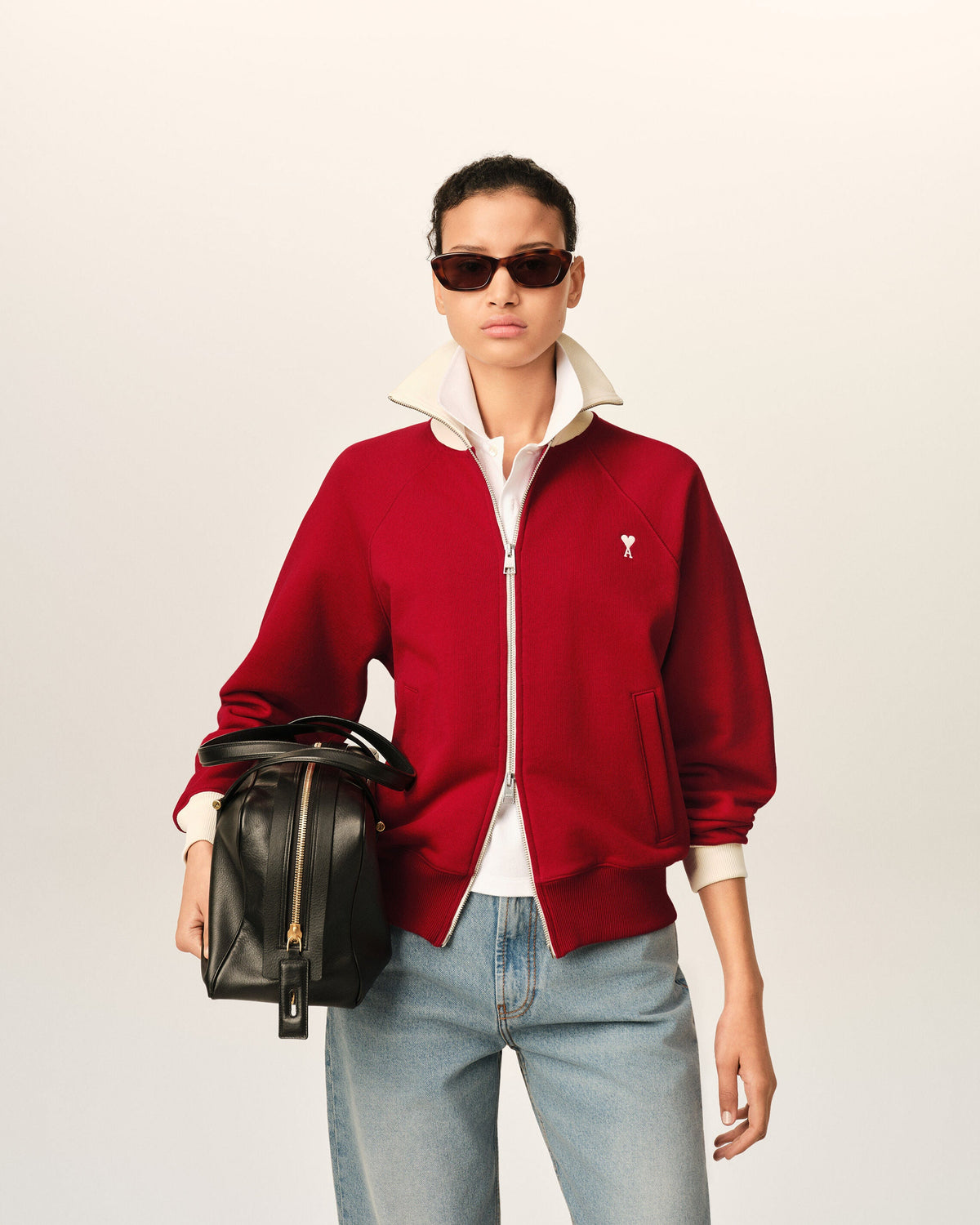AMI PARIS RED ZIPPED COTTON SWEATSHIRT WITH AMI DE COEUR — vista 9
