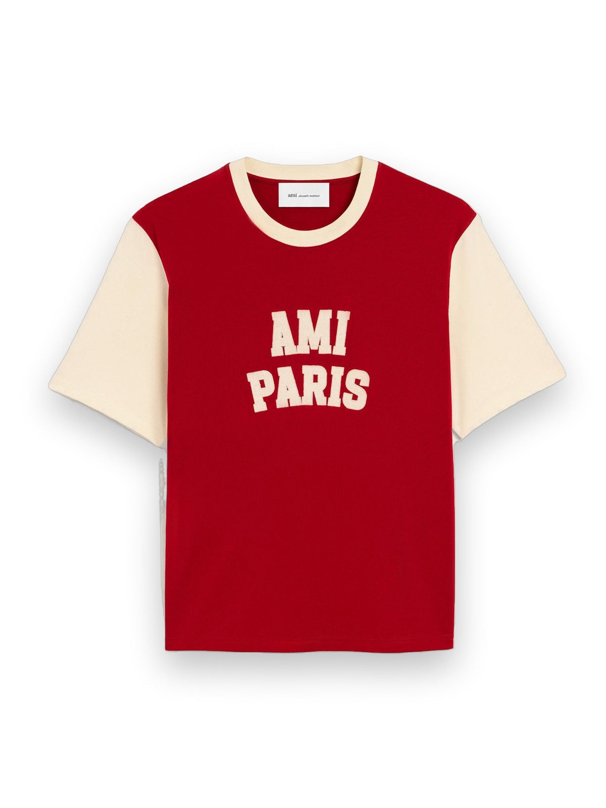 AMI PARIS RED COTTON T-SHIRT WITH AMI PARIS EMBROIDERY