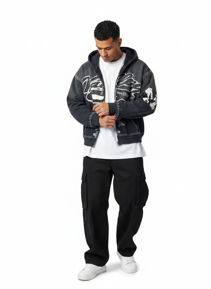 Sudadera con cremallera The Hype Company negra con estampado gráfico desgastado y capucha, estilo urbano