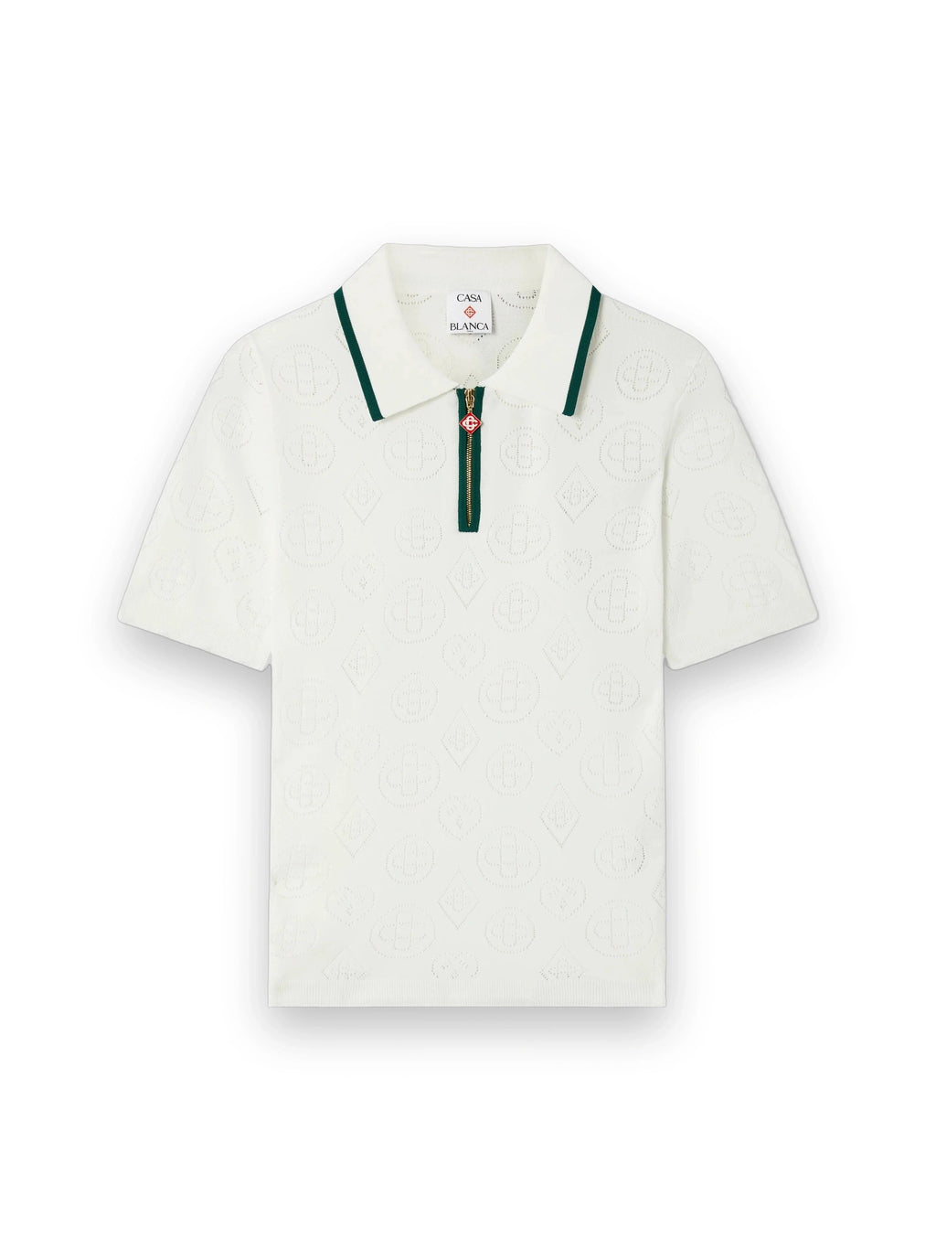 CASABLANCA WHITE POINTELLE MONOGRAM SHORT SLEEVE CROPPED POLO SHIRT