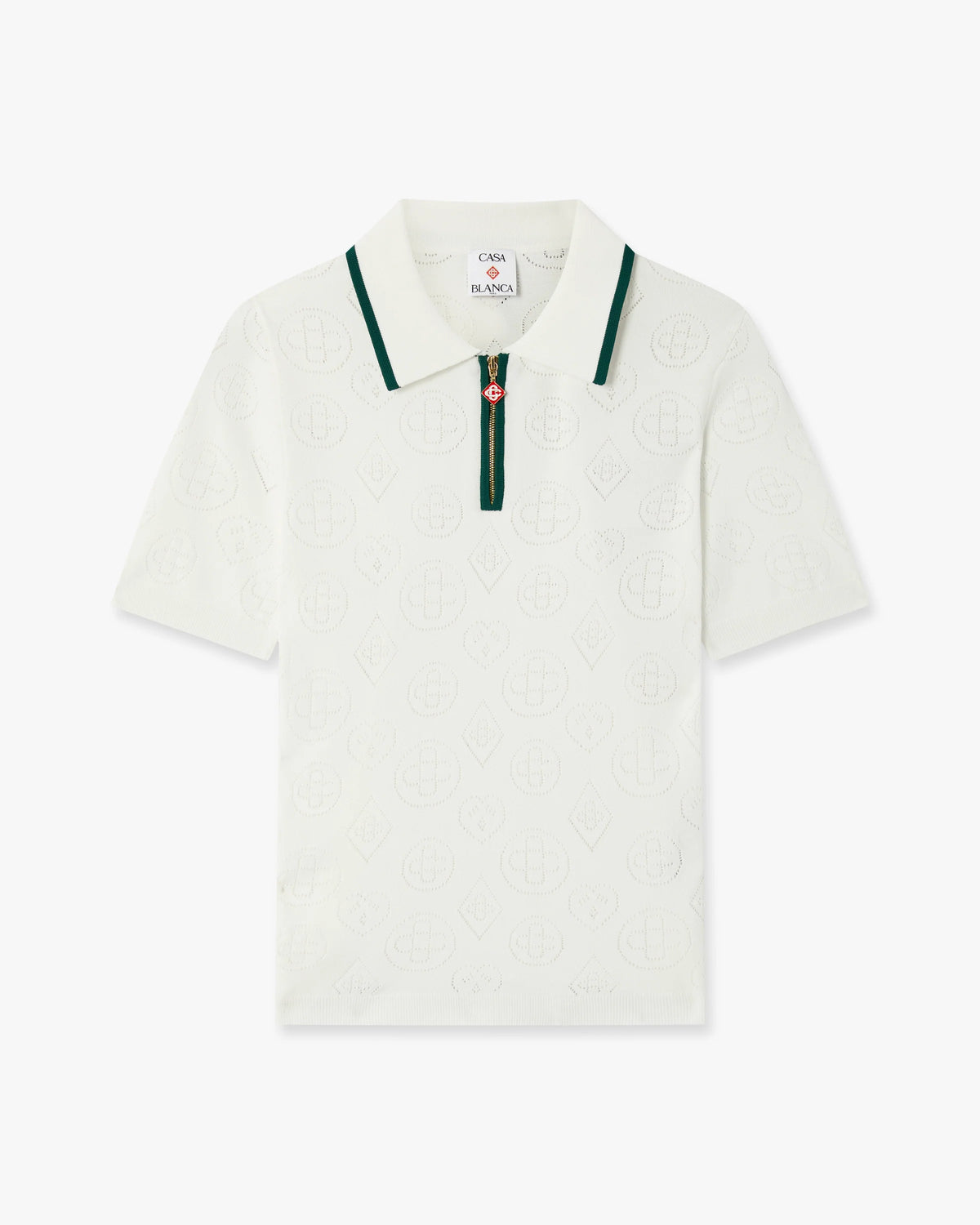 CASABLANCA WHITE POINTELLE MONOGRAM SHORT SLEEVE CROPPED POLO SHIRT