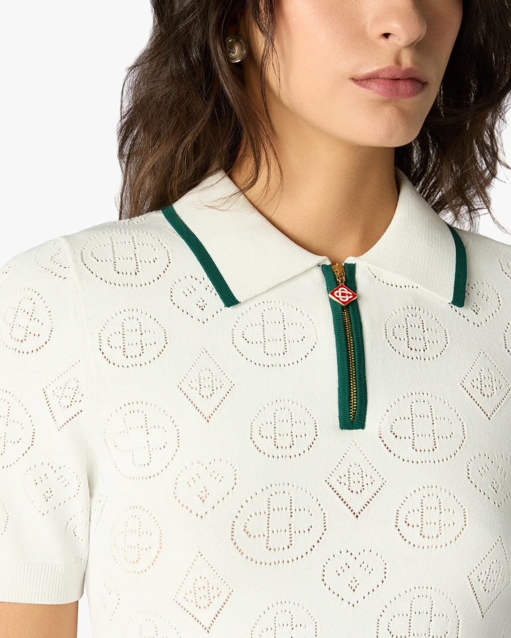 CASABLANCA WHITE POINTELLE MONOGRAM SHORT SLEEVE CROPPED POLO SHIRT — vista 5