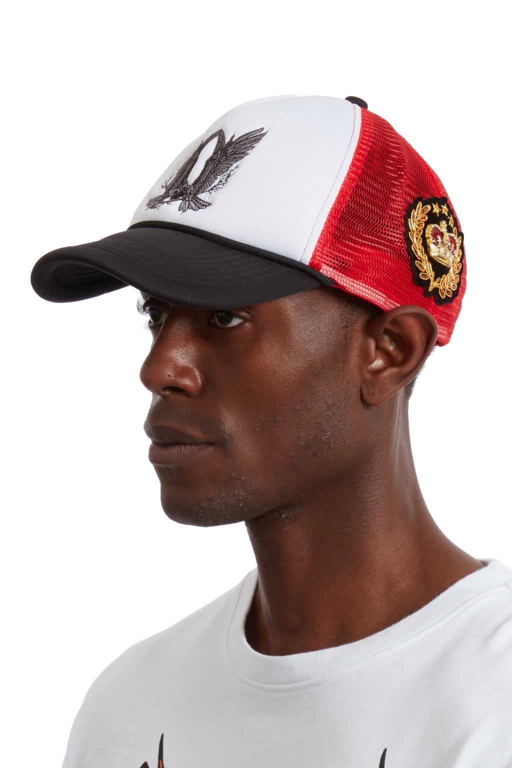 WHO DECIDES WAR BAROQUE TRUCKER HAT CRIMSON — vista 5