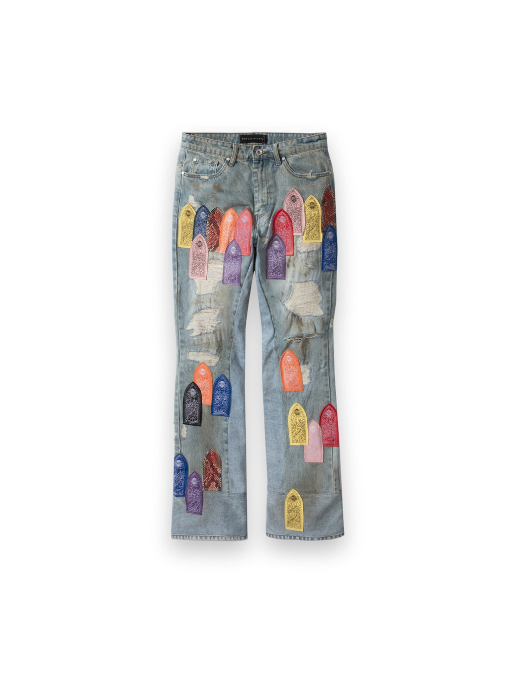 WHO DECIDES WAR PATCH ARCHED REPAIRED DISTRESSED DENIM