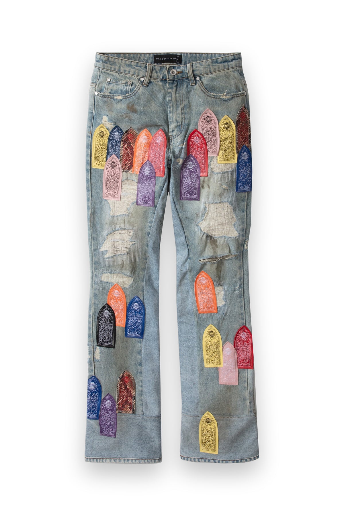 WHO DECIDES WAR PATCH ARCHED REPAIRED DISTRESSED DENIM