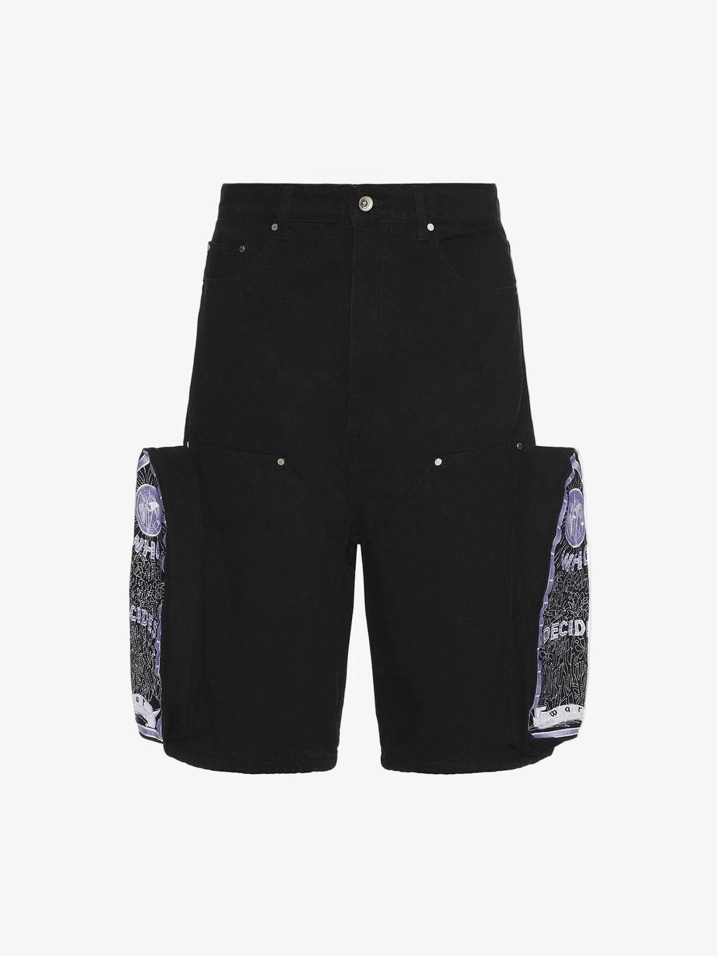WHO DECIDES WAR EMBROIDERED CARPENTER CARGO BLACK DENIM SHORT WHO DECIDES WAR The Hype Company
