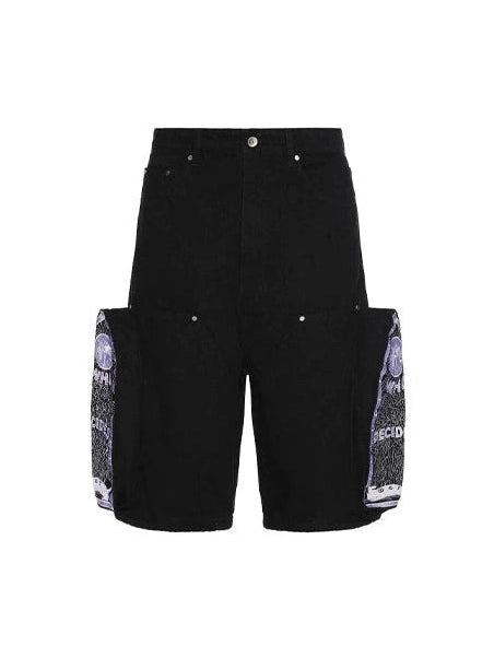 WHO DECIDES WAR EMBROIDERED CARPENTER CARGO BLACK DENIM SHORT WHO DECIDES WAR The Hype Company