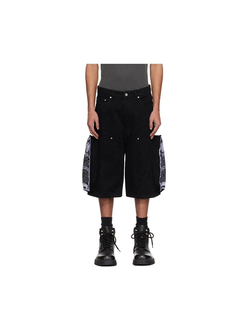 WHO DECIDES WAR EMBROIDERED CARPENTER CARGO BLACK DENIM SHORT WHO DECIDES WAR The Hype Company