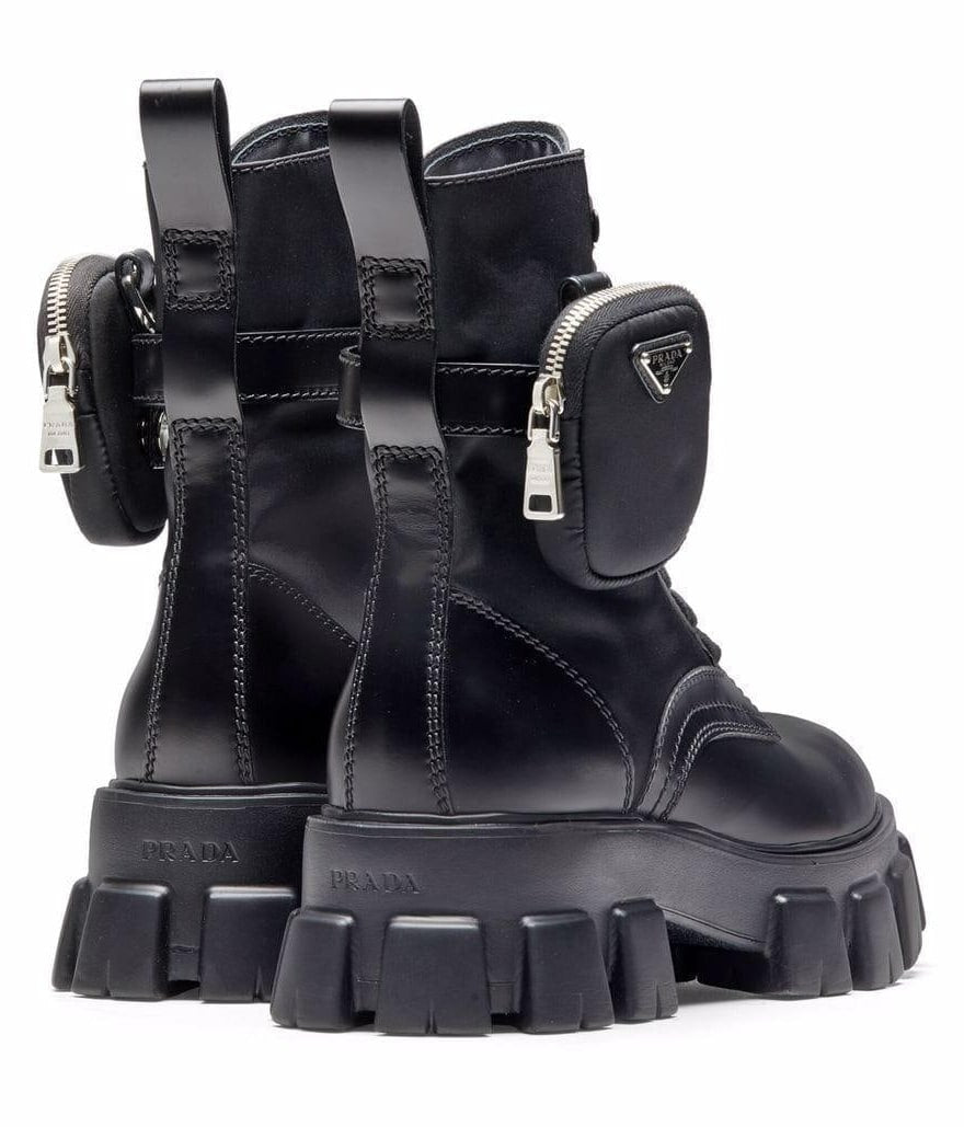 PRADA MONOLITH LEATHER RE-NYLON BOOTS WITH POUCH