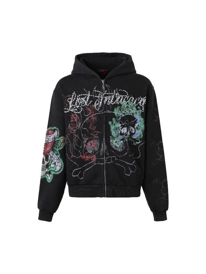 LOST INTRICACY INK & BONES ZIP UP HOODIE BLACK