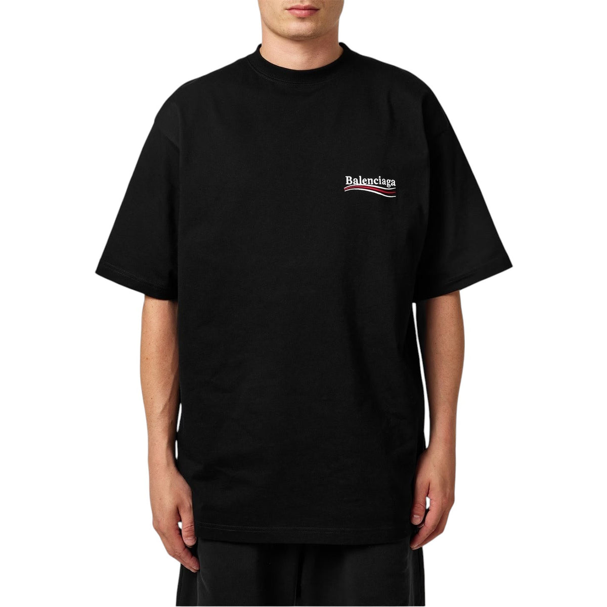 BALENCIAGA POLITICAL CAMPAIGN EMBROIDERED BLACK T-SHIRT