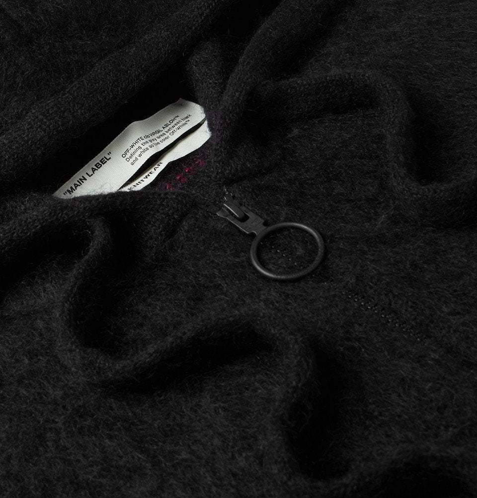 OFF-WHITE PRINTED BRUSHED MOHAIR-BLEND ZIP UP HOODIE BLACK