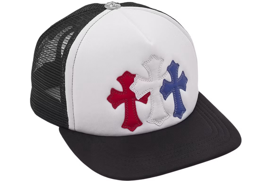 CHROME HEARTS CEMETERY LEATHER TRUCKER HAT RED WHITE BLUE