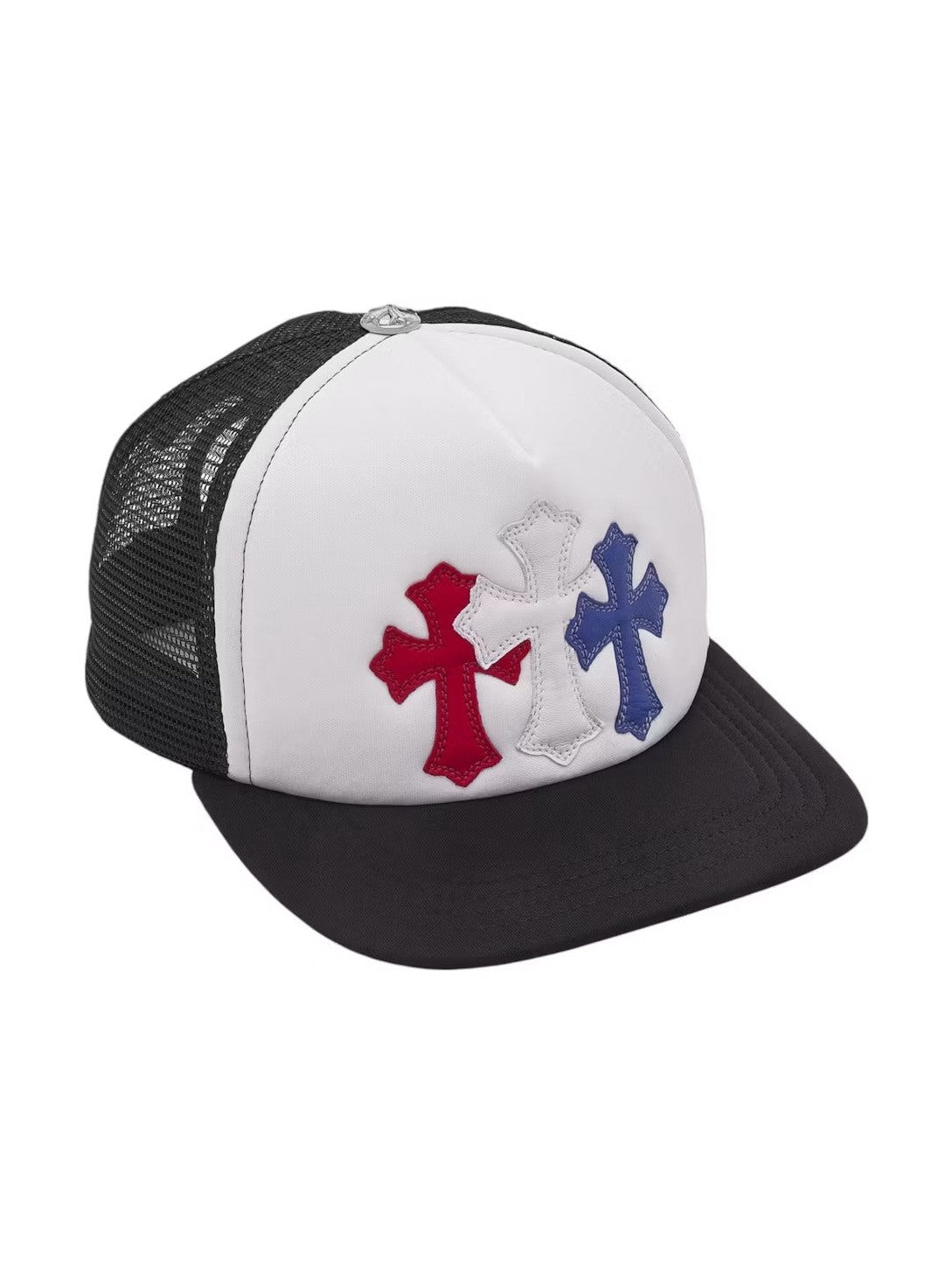 CHROME HEARTS CEMETERY LEATHER TRUCKER HAT RED WHITE BLUE