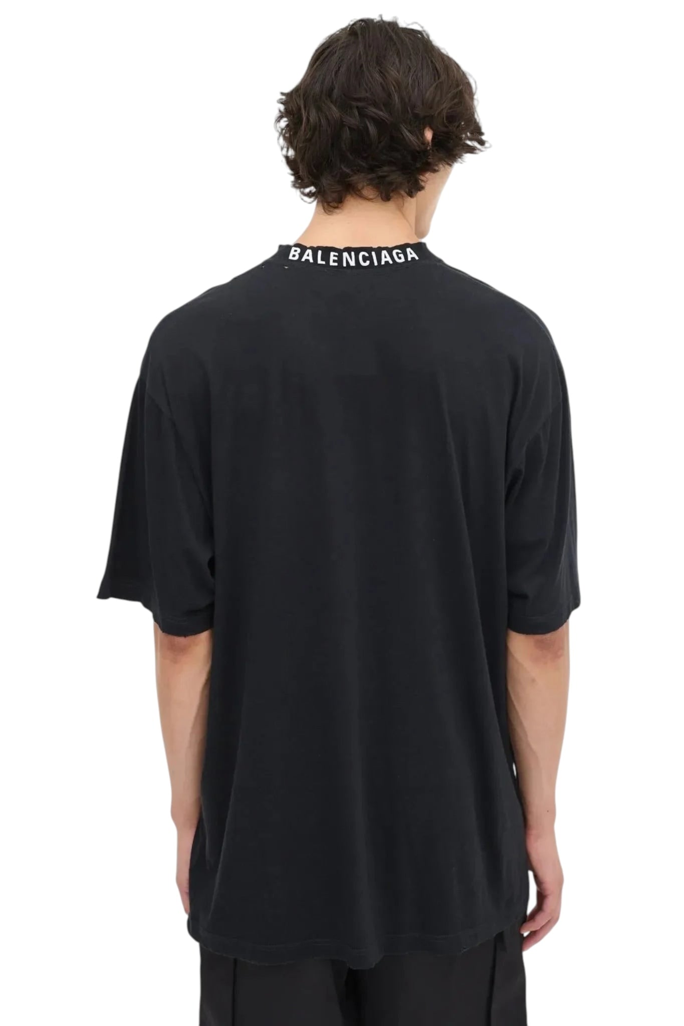 BALENCIAGA NECK EMBROIDERED LOGO BLACK T-SHIRT