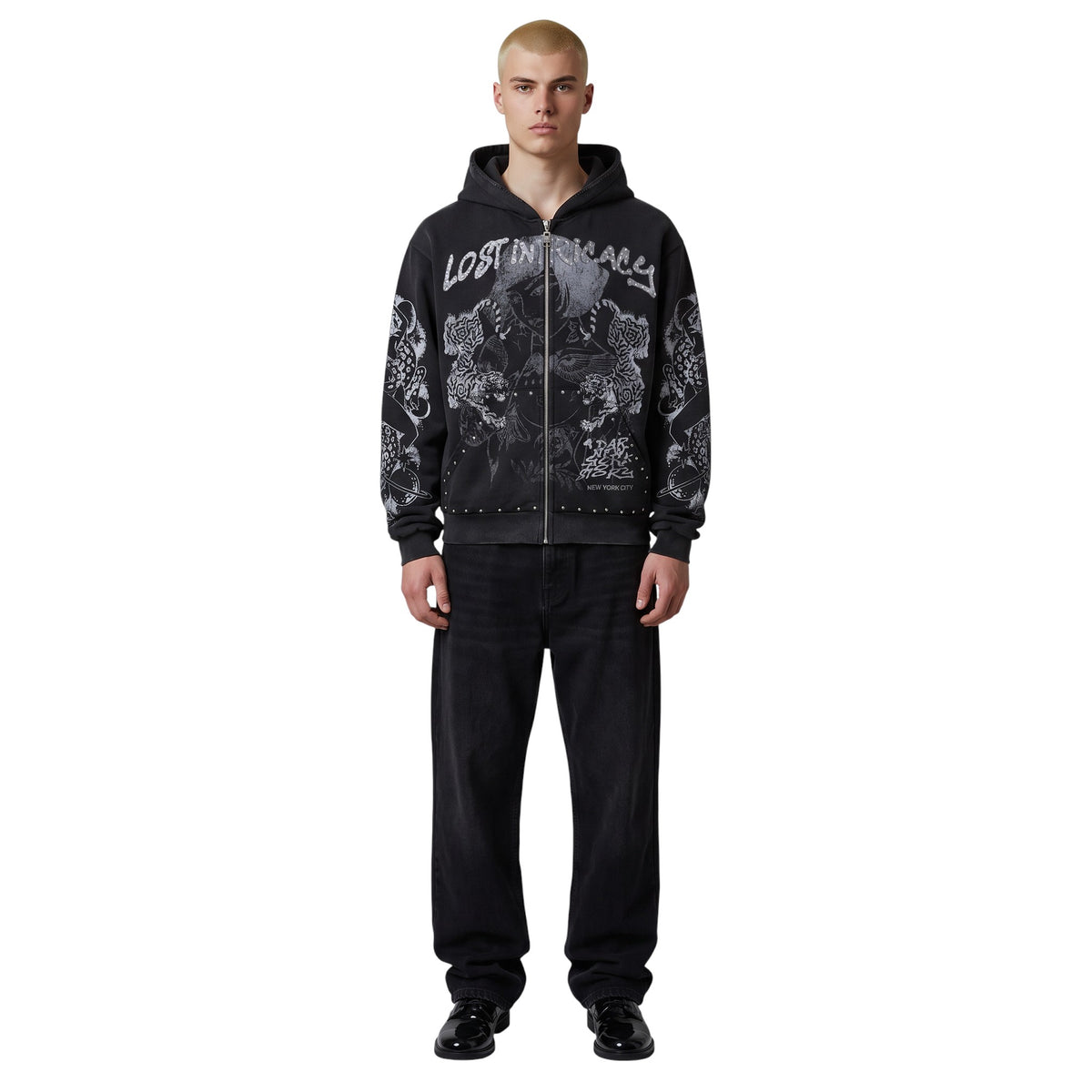 LOST INTRICACY 'TWIN TIGER' BLACK ZIP UP HOODIE