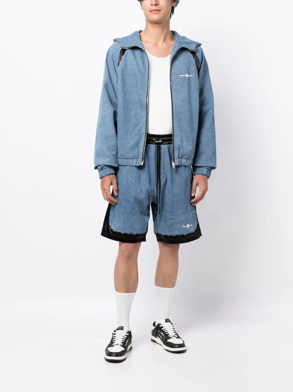 AMIRI DENIM PRINT LOGO TRACK SHORTS