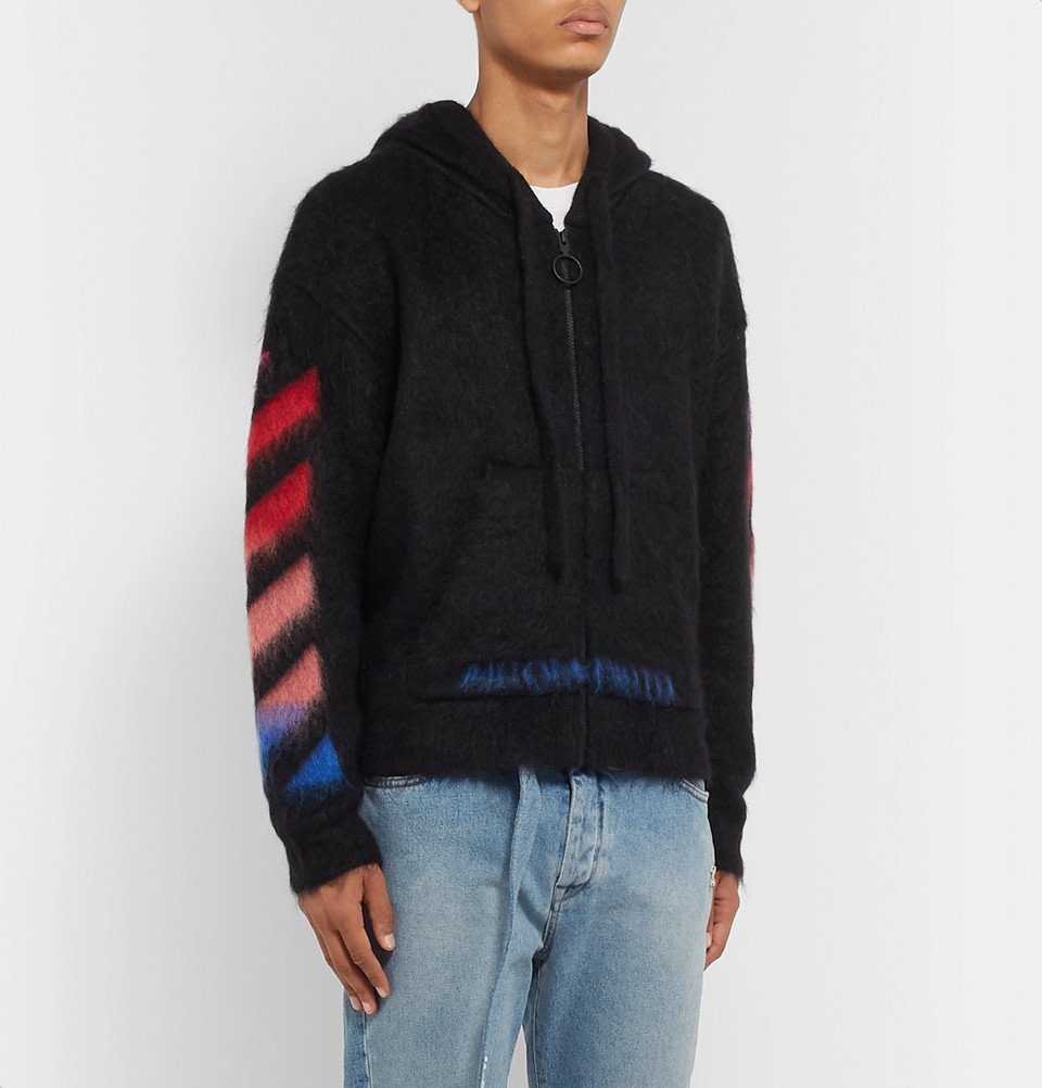 OFF-WHITE PRINTED BRUSHED MOHAIR-BLEND ZIP UP HOODIE BLACK