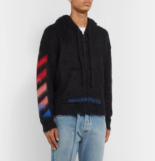 OFF-WHITE PRINTED BRUSHED MOHAIR-BLEND ZIP UP HOODIE BLACK
