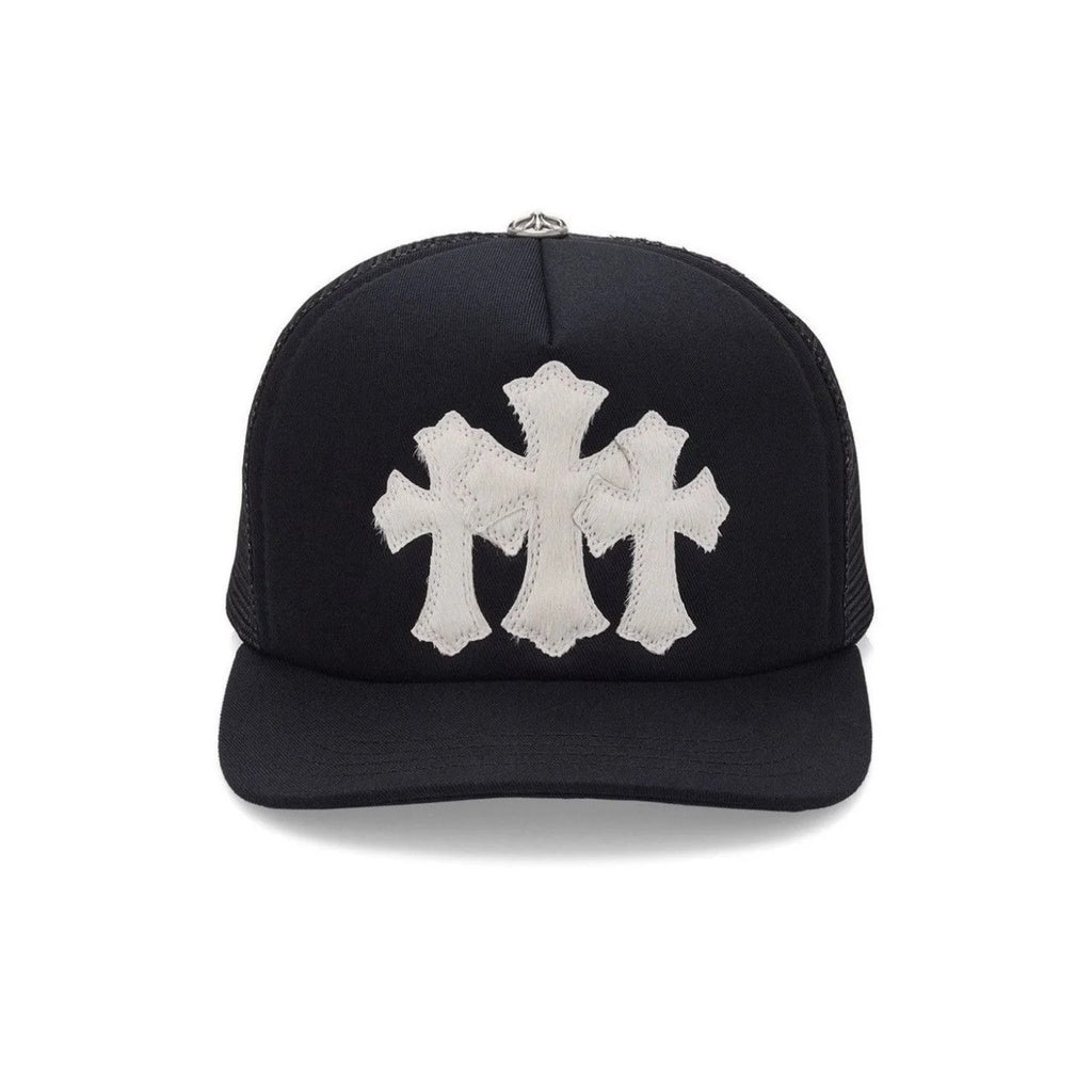 CHROME HEARTS CEMETERY CROSS PONY HAIR HAT BLACK