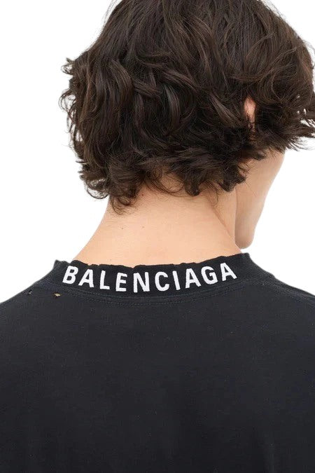BALENCIAGA NECK EMBROIDERED LOGO BLACK T-SHIRT