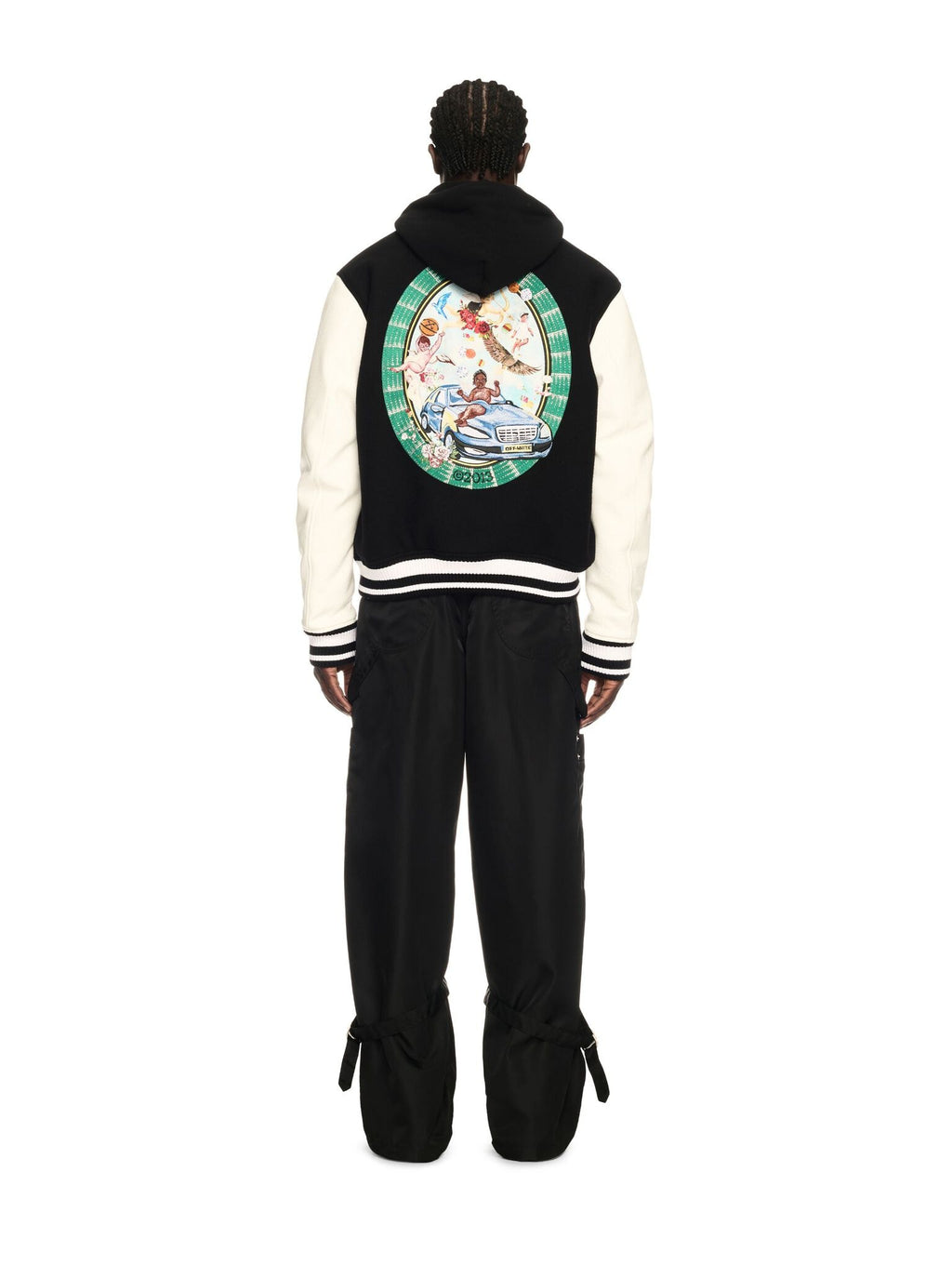 OFF WHITE LEATHER WOOL VARSITY CRYSTALS JACKET