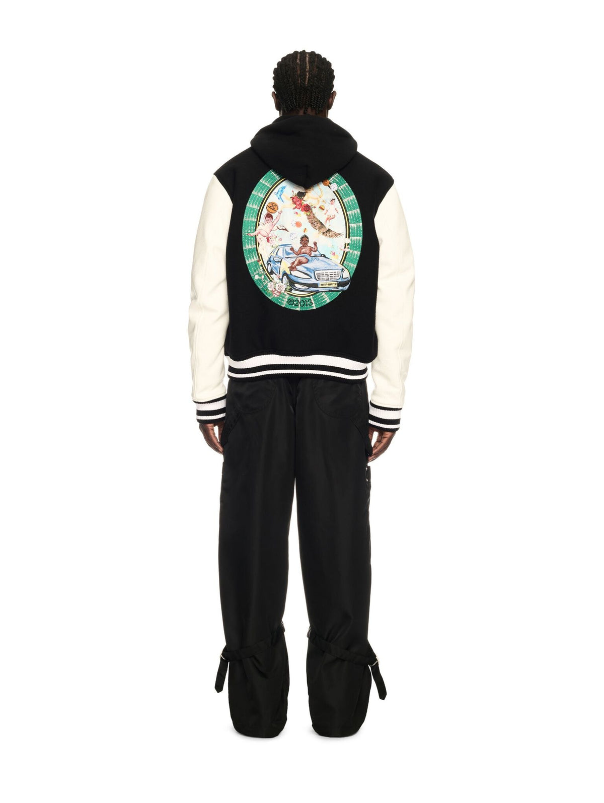 OFF WHITE LEATHER WOOL VARSITY CRYSTALS JACKET