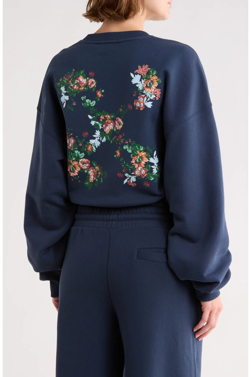OFF WHITE FLORAL SCRIPT CREWNECK NAVY