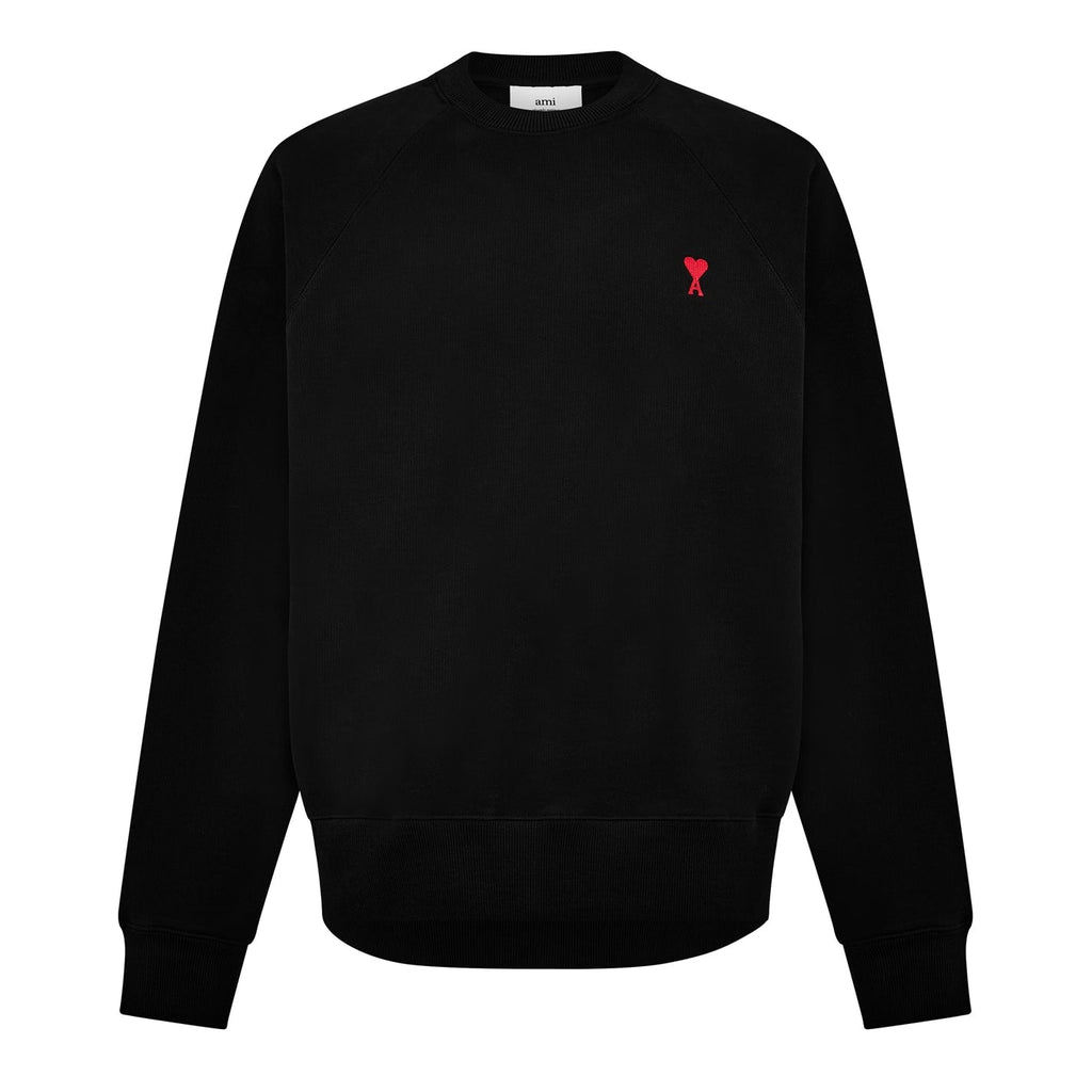 AMI PARIS BLACK CREWNECK RED HEART EMBROIDERED