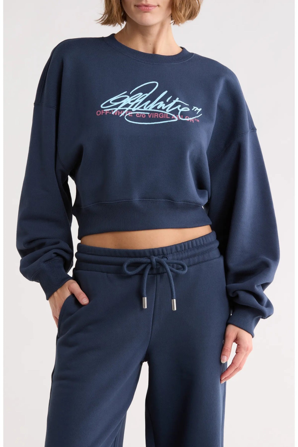OFF WHITE FLORAL SCRIPT CREWNECK NAVY
