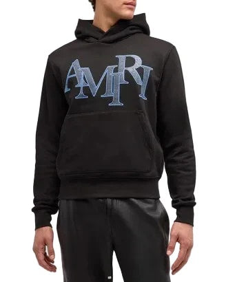 AMIRI BLACK AND BLUE CRYSTAL STAGGERED LOGO HOODIE