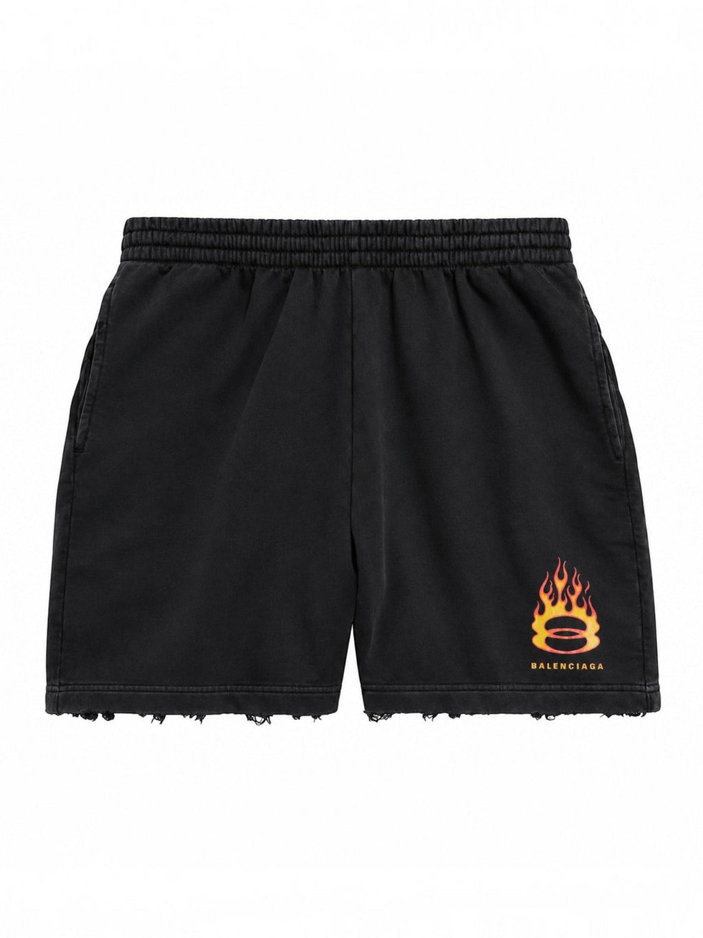 BALENCIAGA BURNING UNITY FLAMES DISTRESSED BLACK SHORTS