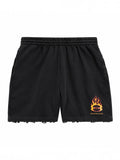 BALENCIAGA BURNING UNITY FLAMES DISTRESSED BLACK SHORTS