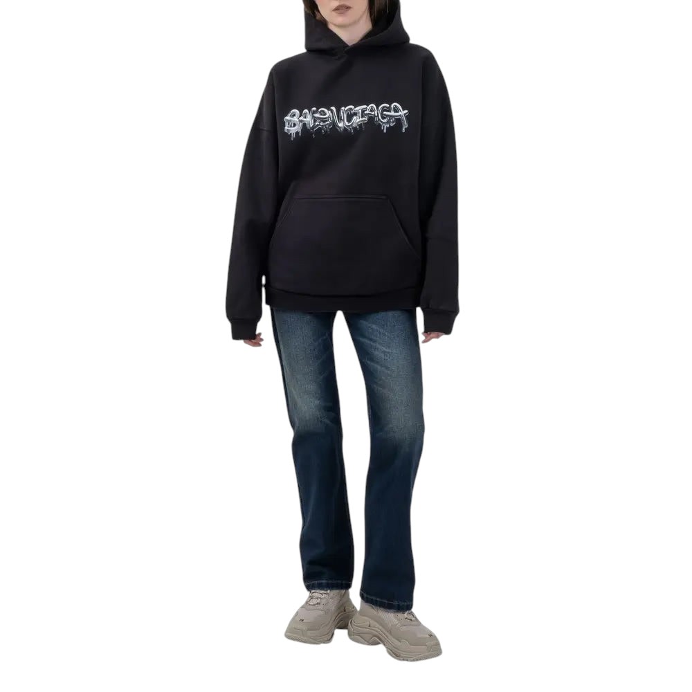 BALENCIAGA LIQUID METAL LOGO HOODIE BLACK