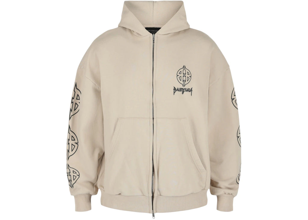 BALENCIAGA METAL BB STENCIL ZIP UP HOODIE BEIGE