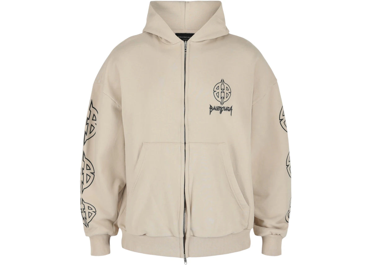 BALENCIAGA METAL BB STENCIL ZIP UP HOODIE BEIGE