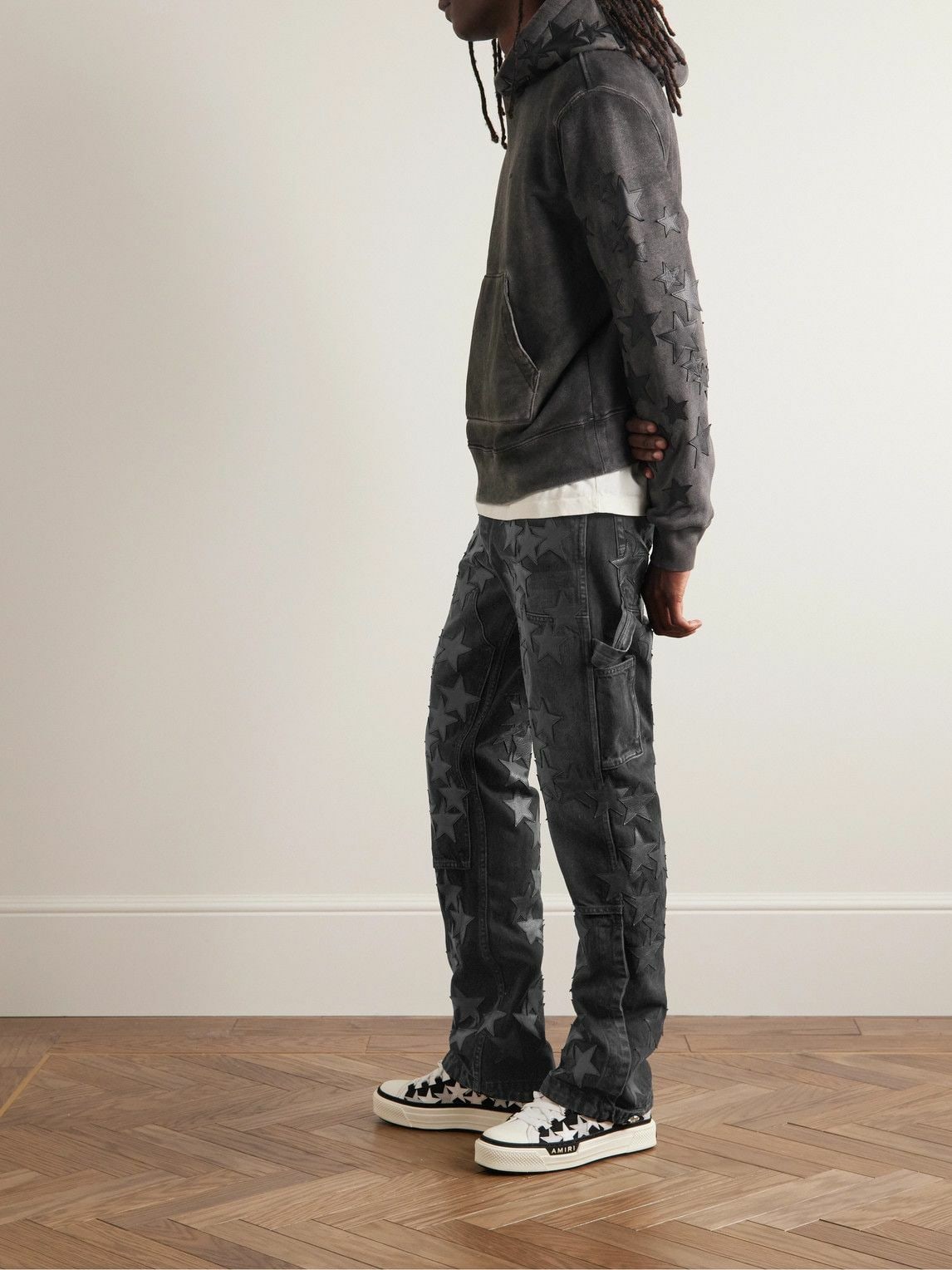 AMIRI CHEMIST CARPENTER STRAIGHT-LEG LEATHER-APPLIQUÉD JEANS