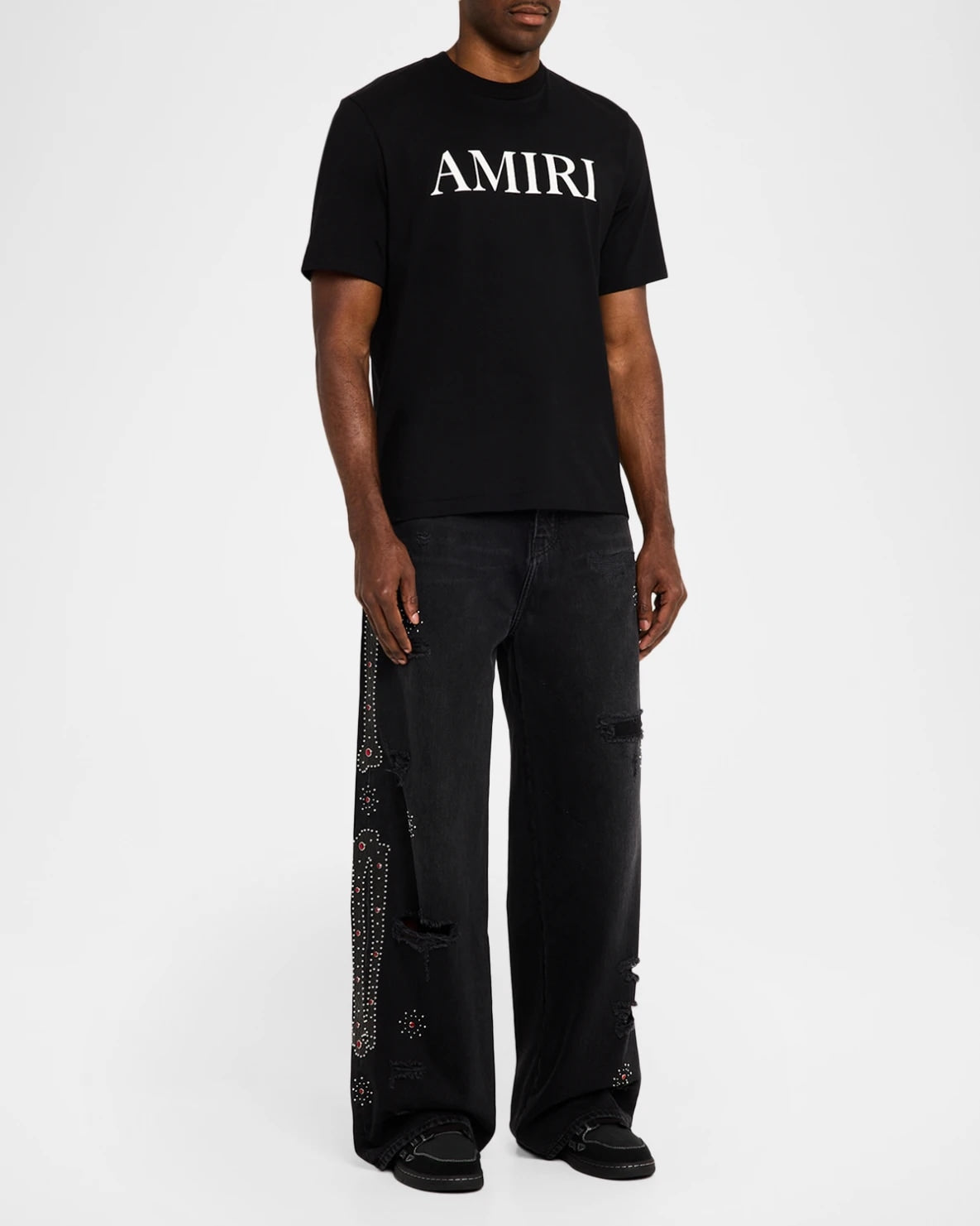 AMIRI BONES APPLIQUE STUDDED BAGGY JEANS BLACK