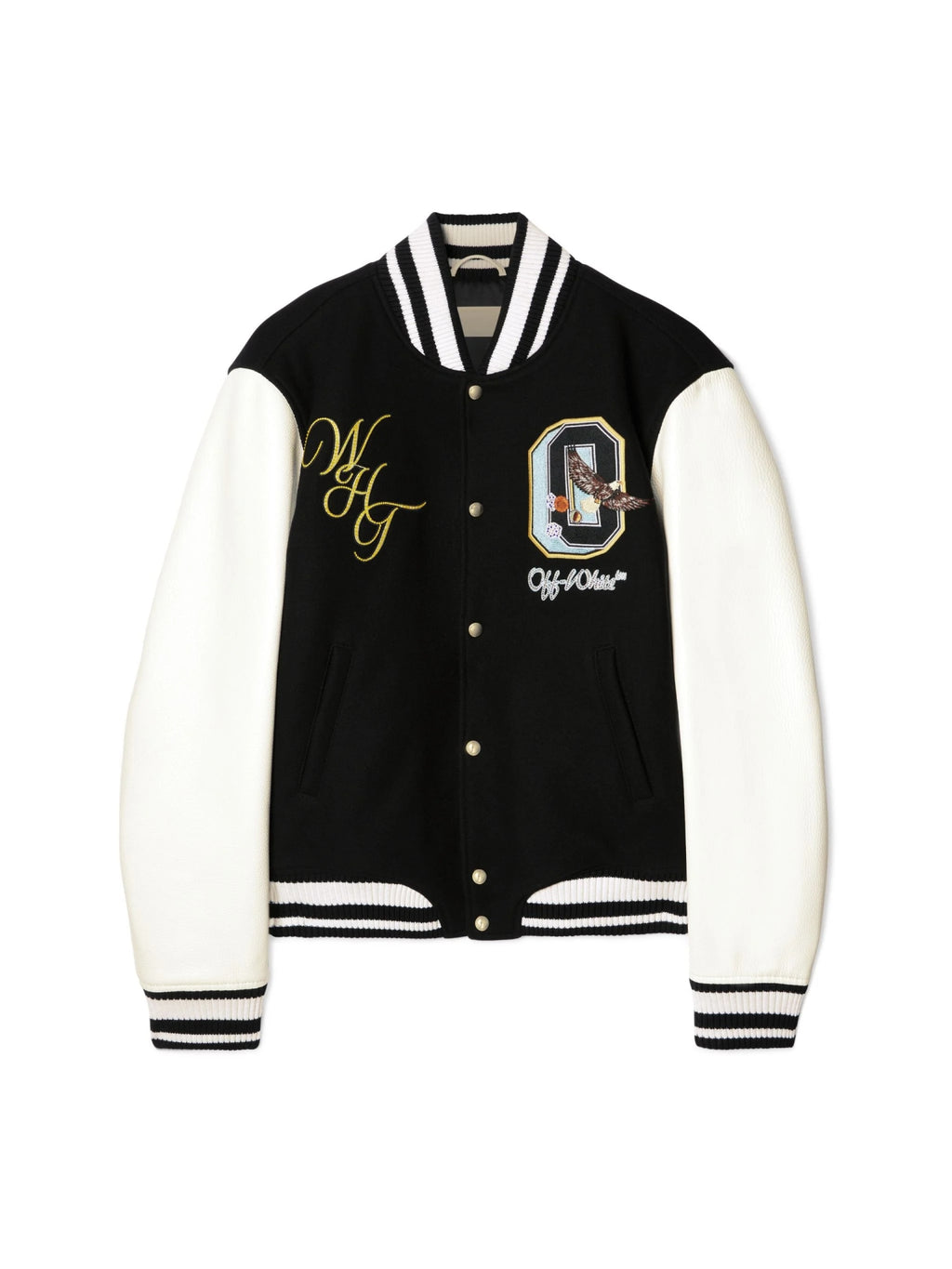 OFF WHITE LEATHER WOOL VARSITY CRYSTALS JACKET