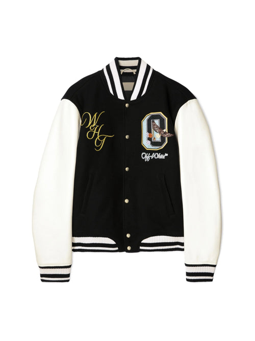 OFF WHITE LEATHER WOOL VARSITY CRYSTALS JACKET