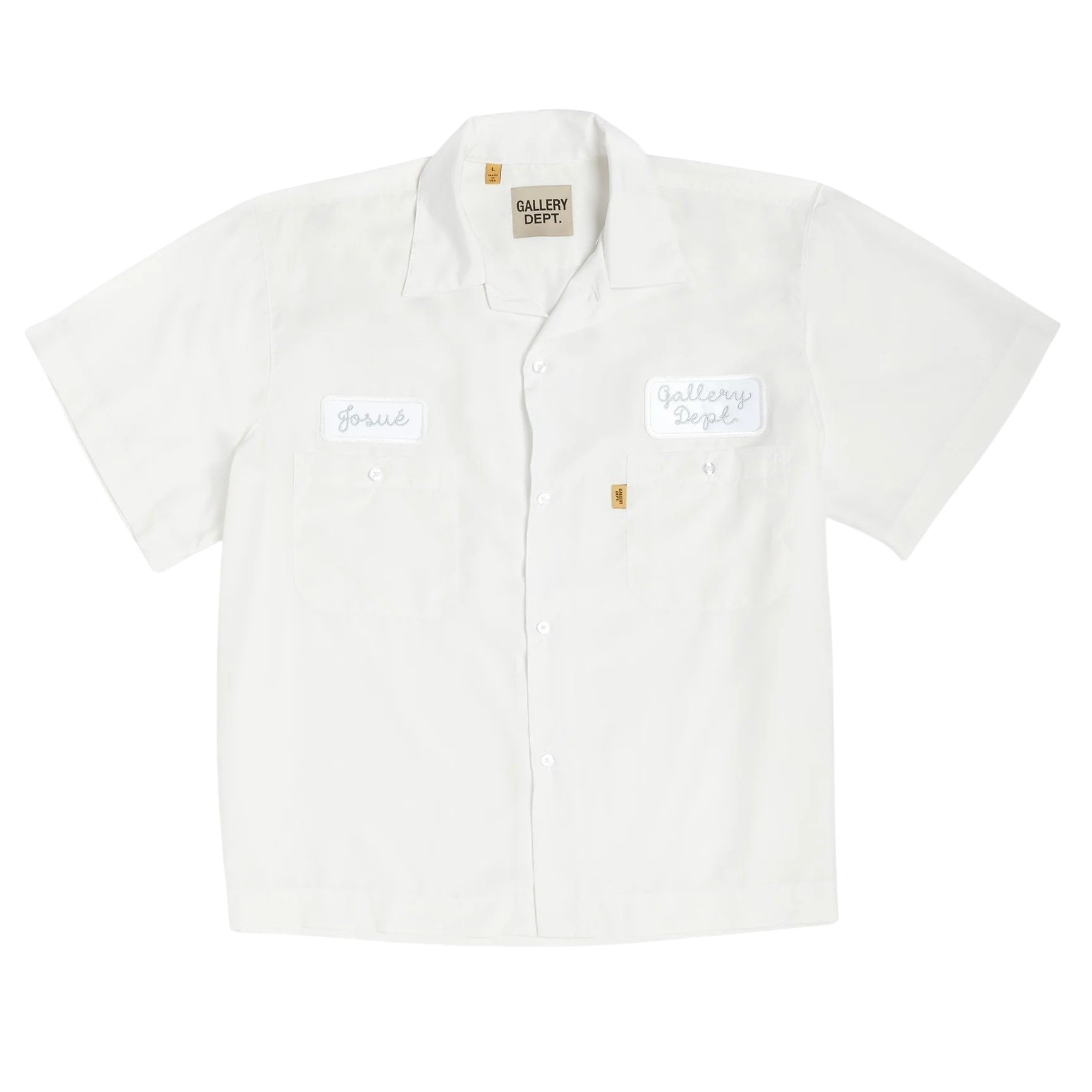 GALLERY DEPT ANTIQUE WHITE MECHANIC EMBROIDERED PATCH SLEEVE BUTTON UP SHIRT