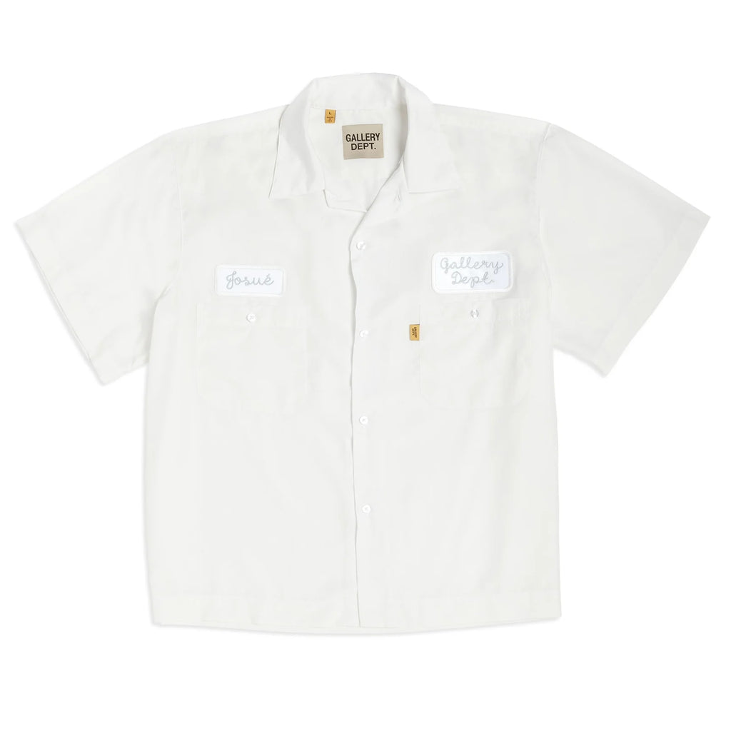 GALLERY DEPT ANTIQUE WHITE MECHANIC EMBROIDERED PATCH SLEEVE BUTTON UP SHIRT